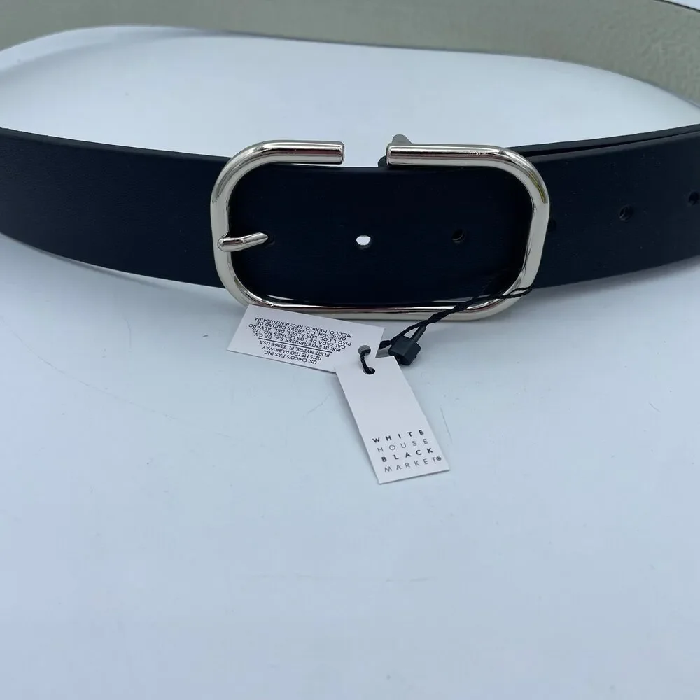 White House Black Market Black Leather Belt Silver Minimalist Buckle NWT Size L
